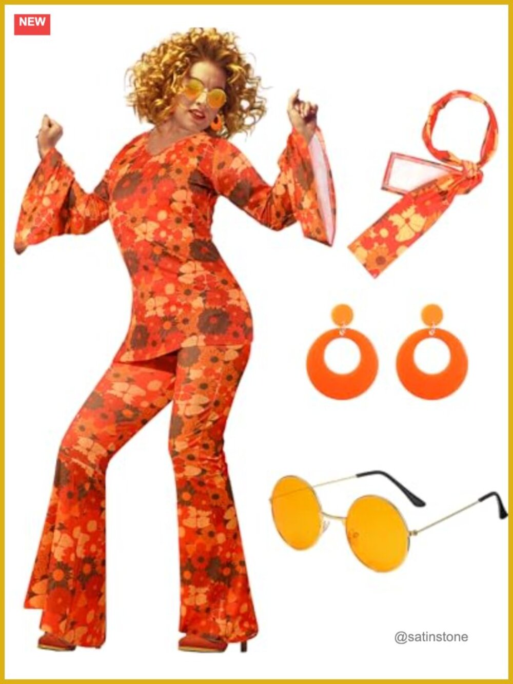 60s 70s Disco Outfit Women Hippie Costume Set Flared Pants Coat X-Large